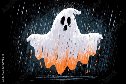 Ghostly figure floating in heavy midnight rain with glowing orange highlights in a moody cinematic shot for halloween seasonal marketing