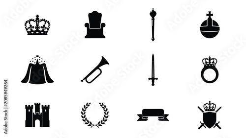 Fotografija Elegant black and white royal symbols icon set with all arranged structured grid