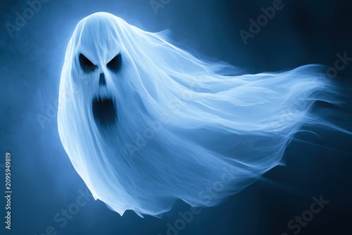 Ethereal ghost haunting dark blue mist in a cinematic macro shot for halloween horror marketing