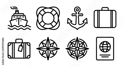 Foto Nautical Travel Icons Set: Cruise Ship, Anchor, Compass, Passport, Luggage, Life