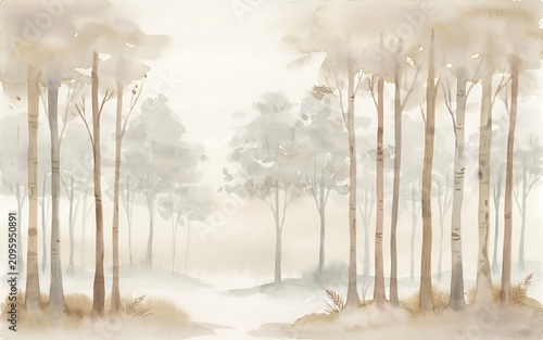 Watercolor misty forest painting, soft neutral trees landscape, minimalist woodland wall art