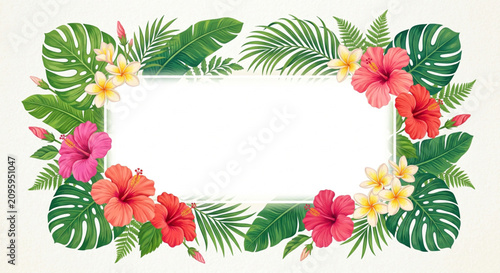 Tropical floral frame, colorful hibiscus flowers, palm leaves border, summer decoration, vector illustration