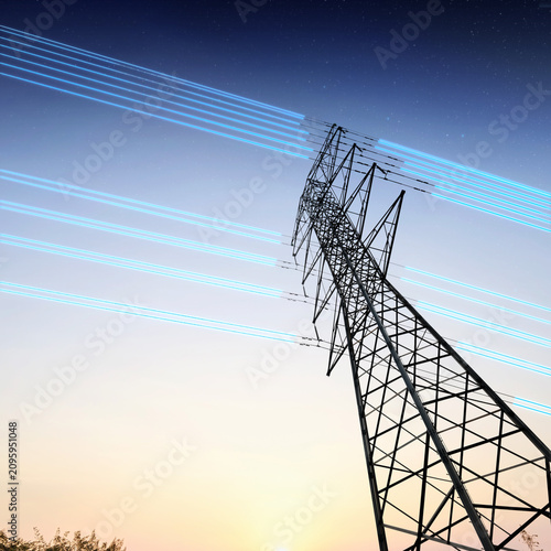 Принти на полотні Silhouette of a high voltage electricity pylon with glowing blue digital light beams on power lines against a dramatic colorful sunset sky