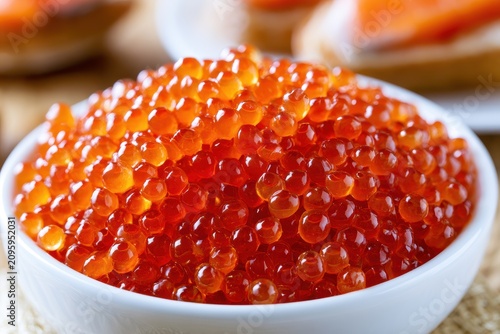 Red salmon caviar heap inside a white bowl in a macro focus gourmet shot for luxury restaurant menu branding