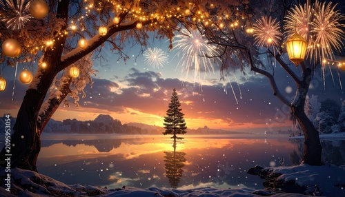 Magical Winter Landscape with Festive Fireworks and Twinkling Lights.