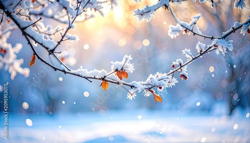 Magical Winter Snowfall on Tree Branches with Golden Sunlight.
