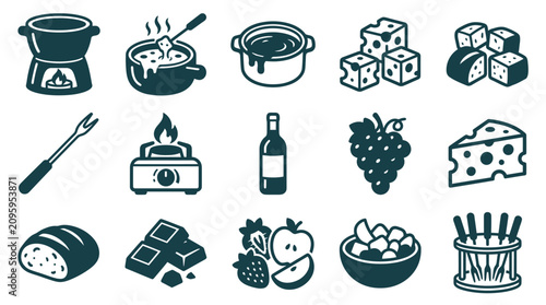 Tableau sur toile Collection of 15 minimalist fondue icons including pots, melted cheese, chocolate, bread, fruit, grapes, wine bottle, burner, and dipping forks isolated on a white background