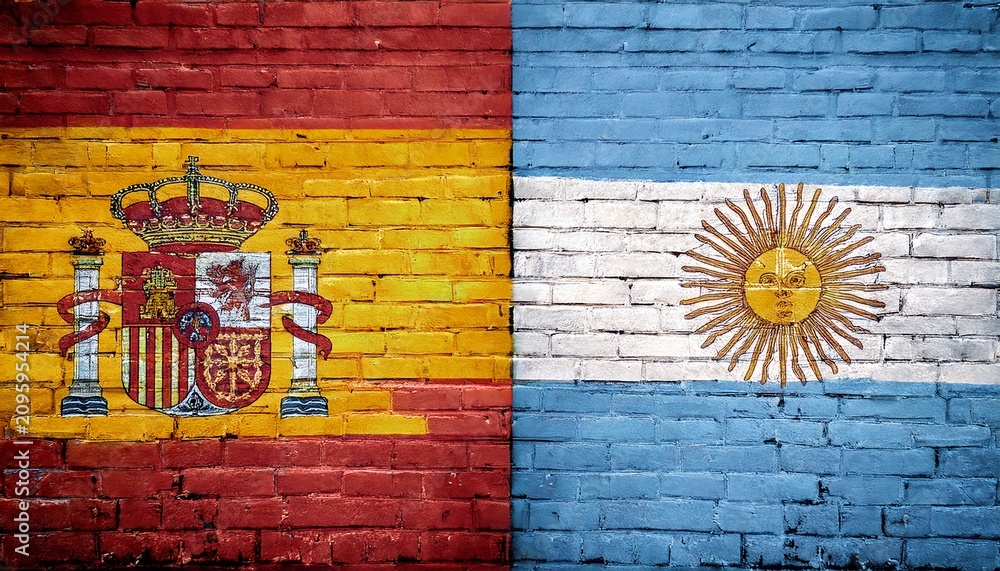 Fototapeta premium spain flag and argentina flag graffiti on brick wall