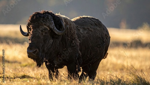 Majestic Bison Roaming Through Golden Sunlit Meadow at Dawn.