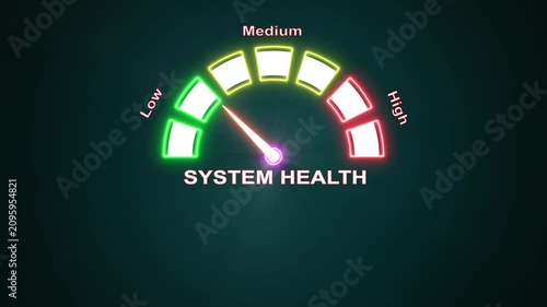 System health dashboard gauge animation showing performance status levels.
