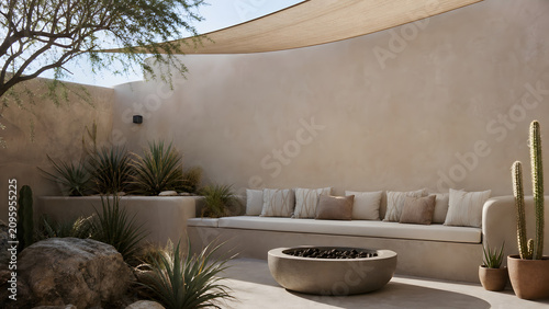 Desert courtyard lounge with drought tolerant plants