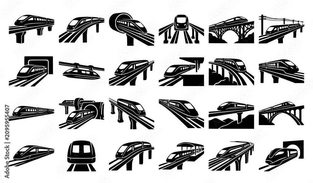 Foto High Speed Maglev Train Silhouette Set with Elevated Monorail Future Transit Vec