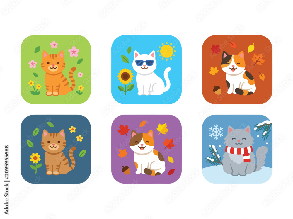 Fototapeta premium Cute cartoon cats in colorful square frames with playful expressions and vibrant backgrounds for children’s designs
