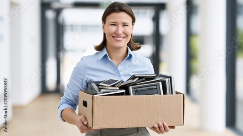 Woman holding a cardboard box full of old electronics and computers for recycling