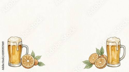 Watercolor drawing of two full beer glass mugs with foam and fresh sliced orange fruits with green leaves in the bottom corners on a plain white paper background.