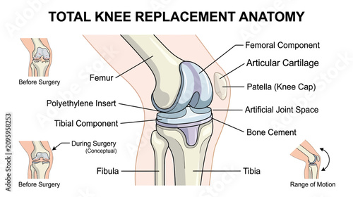 Tableau sur toile Total Knee Replacement Anatomy Diagram: Femur, Tibia, Patella, Components