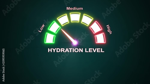 Digital hydration level meter gauge indicator with moving arrow animation.