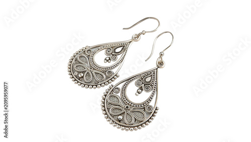 Fényképezés Pair of elegant silver dangle earrings oriental tribal fashion jewelry isolated