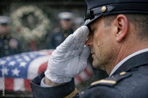 A formal military honor guard stands at attention, saluting the deceased in a solemn ceremony