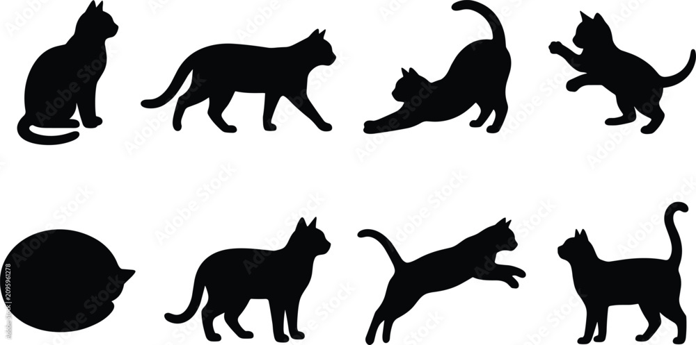 Obraz premium Cat silhouette icon set featuring dynamic feline poses and expressive movement