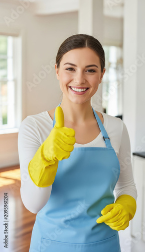 Smiling female housekeeper in a blue apron and yellow rubber gloves gives a thumbs up in a bright living room, suggesting clean, confident, friendly, and professional home cleaning and household care.