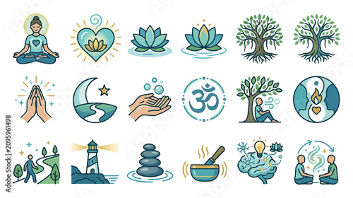 Wellness Icons: Yoga, Meditation, Nature, Balance, Harmony, Mindfulness