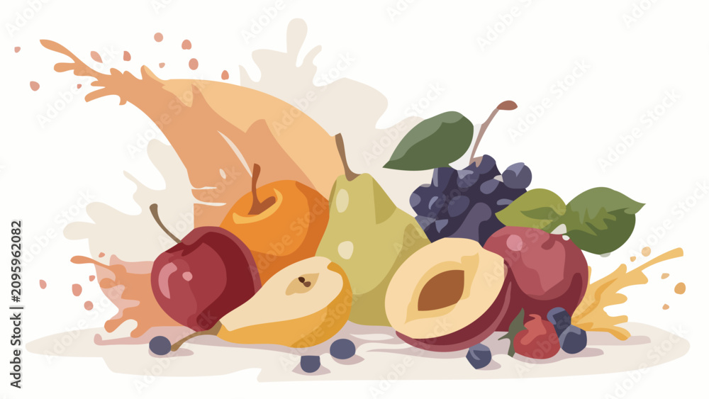 Εκτύπωση καμβά Vibrant hand drawn fruit collection with dynamic splash artwork featuring banana