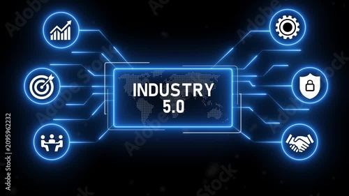 Industry 5.0 banner concept. Human centric, Integration, Sustainability, Automation, Digitalization.4k animation video.