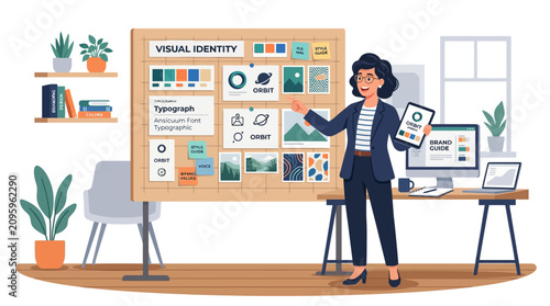 Designer presenting visual identity mood board and brand elements.