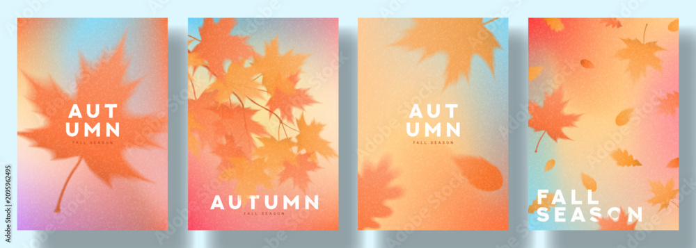 Fototapeta premium Abstract autumn gradient style posters set. Vector fall season cards with blurred falling autumn foliage for decoration seasonal sale, advertising, branding, promotion, cards. Trendy gradient flyers.