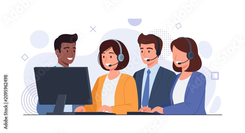 Diverse customer service team working together at computers with headsets, flat design illustration