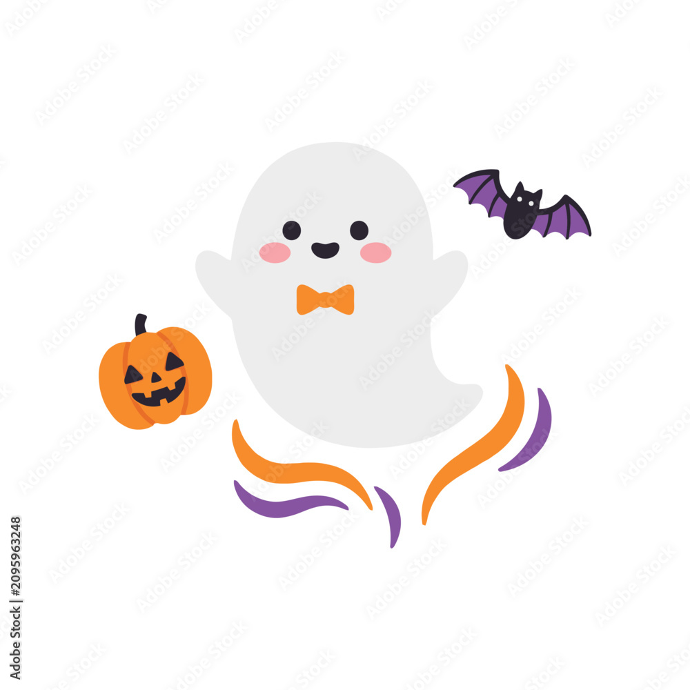 Fototapeta premium Cute cartoon ghost wearing a bow tie with a pumpkin and bat