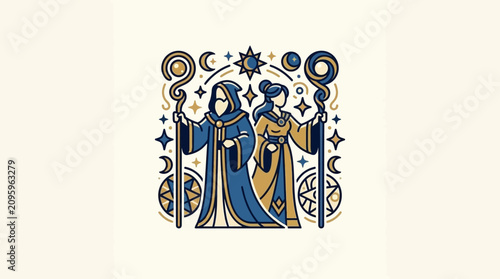 Konstfotografi A wizard and sorceress stand together with staffs and cosmic symbols