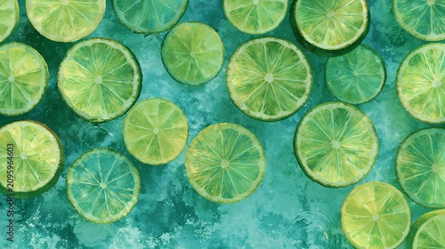Vibrant lime slices floating on turquoise water, creating a refreshing and tropical summertime aesthetic.