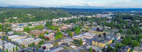 Majestic Rannier mountains overlook expanding commercial districts near Central Kent, Puge Sound great area. Elevated views highlight structural density within evolving urban centers found in WA