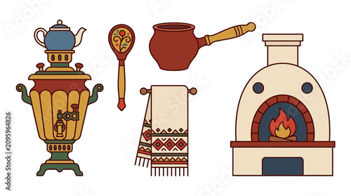 Tableau sur toile A collection of traditional Russian kitchen utensils and a rustic clay oven