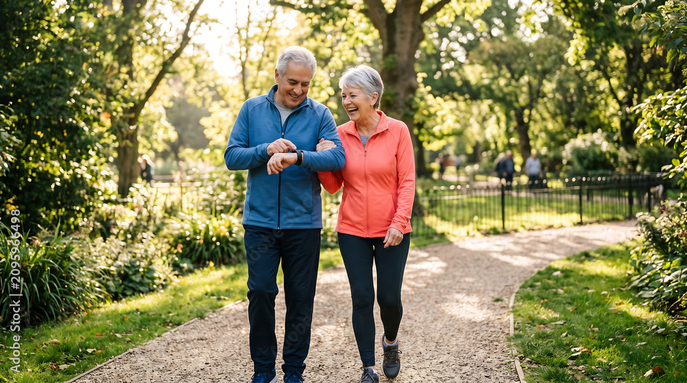 Fototapeta premium An older couple happily walks in a park, checking a fitness tracker on his wrist
