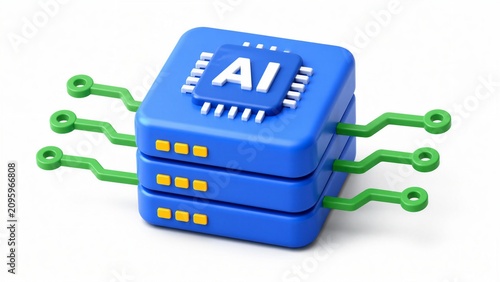 3D isometric illustration of a blue computing server unit featuring an artificial intelligence chip and green circuit connections on a white background.