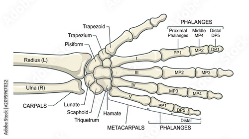 Foto Anatomical Illustration of Human Hand Bones and Phalanges with Labels