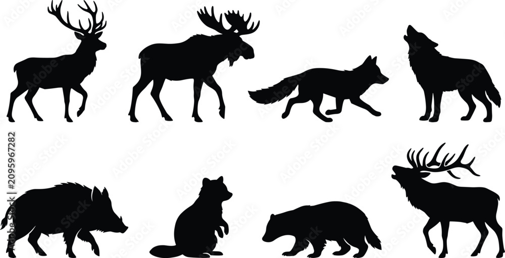 Obraz premium Forest Animal Silhouette Icons Featuring Deer, Moose, Fox, and More