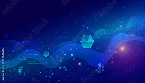 Abstract digital background, with glowing geometric, shapes and particles, on dark blue gradient