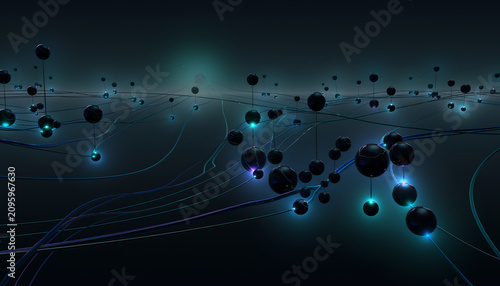 Abstract digital background, with glowing particles, and connecting lines, on dark gradient