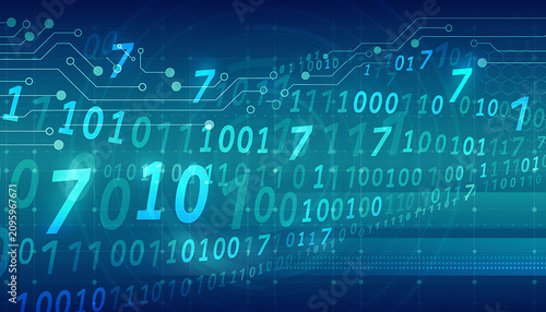 Abstract digital binary code and circuit pattern on dark blue background