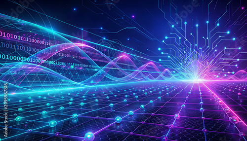 Abstract digital cyberspace network with glowing data streams and binary code