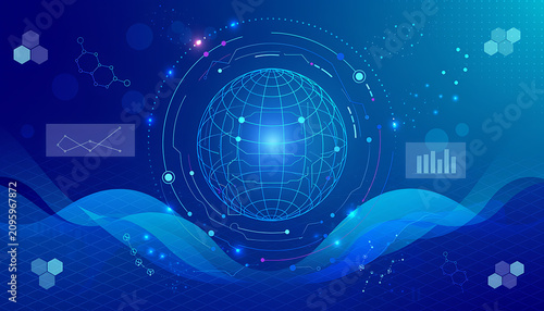 Abstract digital globe with glowing network connections, binary code, and data streams