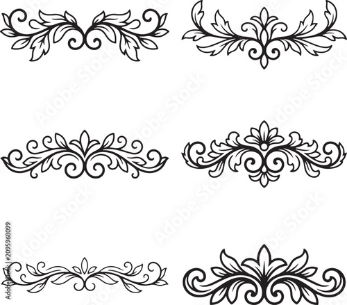 Vintage floral borders, ornate frame elements, black line art, decorative dividers, 6 piece vector set