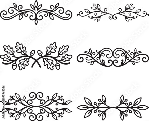 Vintage floral borders, ornate leaf swirls, black line art, decorative frames, elegant vector dividers