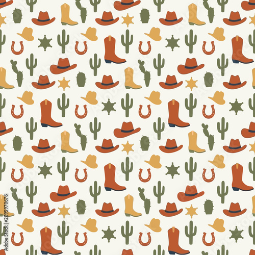 Tableau sur toile Seamless western pattern with cowboy boots hats and cacti