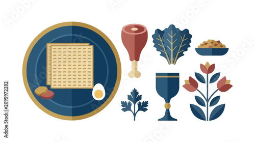 Tableau sur toile Flat vector illustration of traditional Passover Seder plate with symbolic food