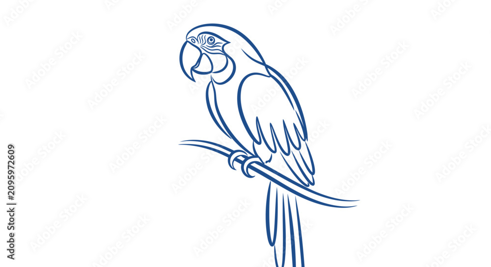 Fototapeta premium Detailed blue line art parrot sitting on a branch.